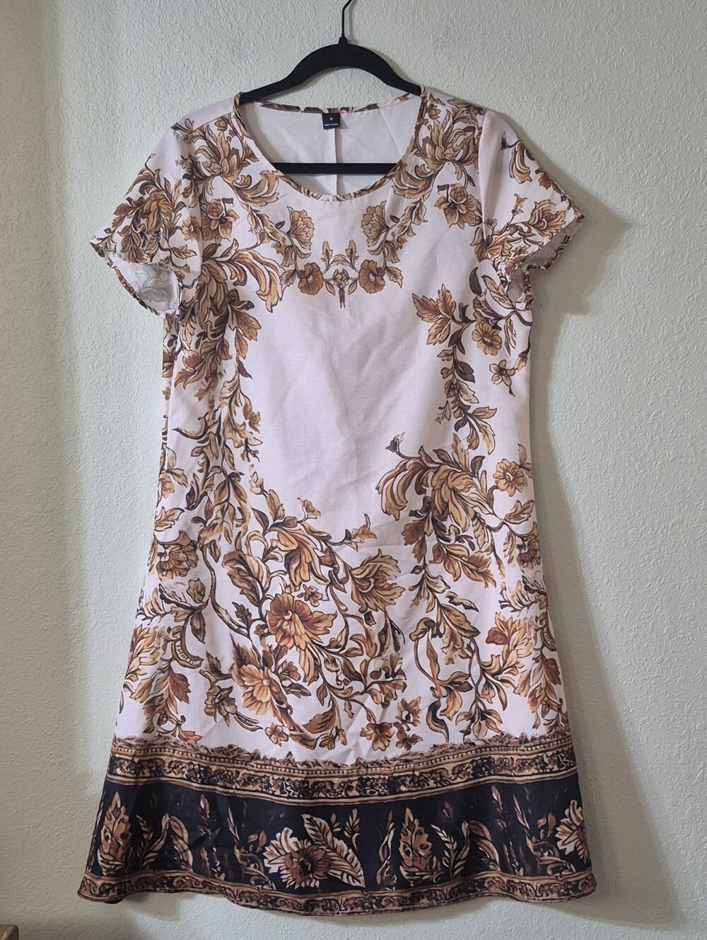 Cream Floral Border Short Sleeve Dress with Brown Accents